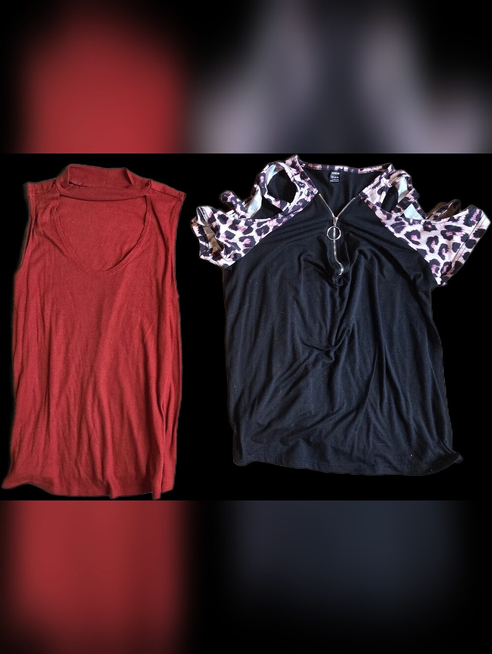 Black Cold-Shoulder Tank Top with Pink Leopard Trim & ANA Tank
